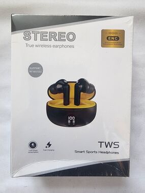 NIB Black True Wireless Earbuds - Stereo TWS With Black & Yellow LED Case